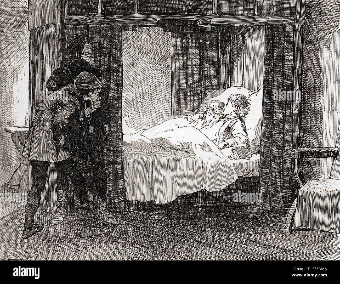 Eine Szene aus Shakespeares spielen König Richard III., IV. Akt, Szene 3.  Tyrrell: ' O so sprach Dighton, legen deine sanfte Babes - so, so, sprach Forrest, einander in ihren Alabaster unschuldigen Armen umgeben. "   Illustration von Gordon Browne. Stockfoto