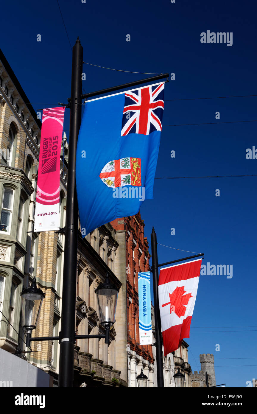 Fidschi-Flag, Rugby World Cup 2015, High Street, Cardiff, Wales, UK. Stockfoto