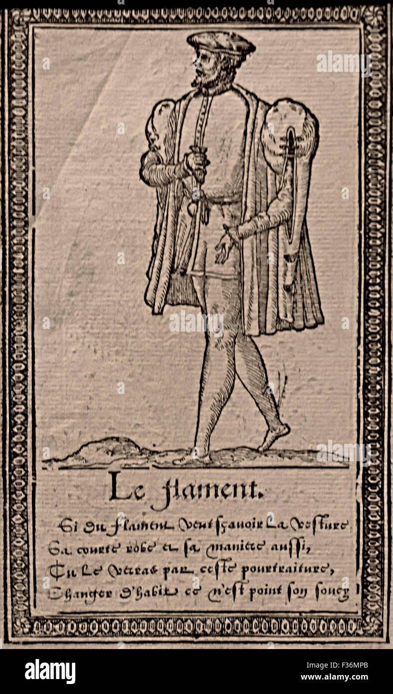 Le Flament - die Flämisch - verschiedene Stile von Kleidung Francois Desprez 1562 Holzschnitt aus dem 16. Jahrhundert herausgegeben von: Richard Breton (1524-1571) Französisch in Paris Stockfoto