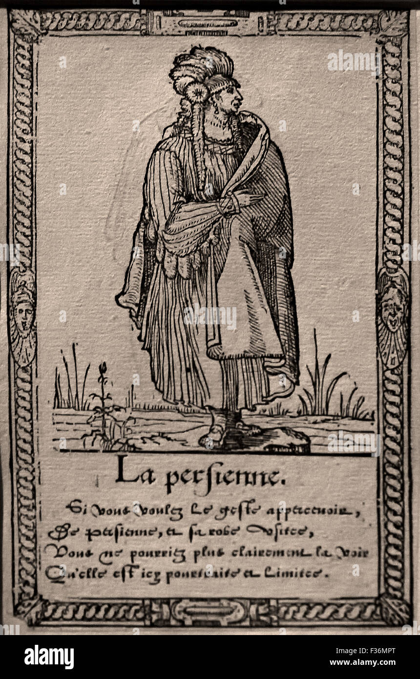 La Perfienne - die deutschen Bourgeois - verschiedene Stile von Kleidung Francois Desprez 1562 Holzschnitt aus dem 16. Jahrhundert herausgegeben von: Richard Breton (1524-1571) Französisch in Paris Stockfoto