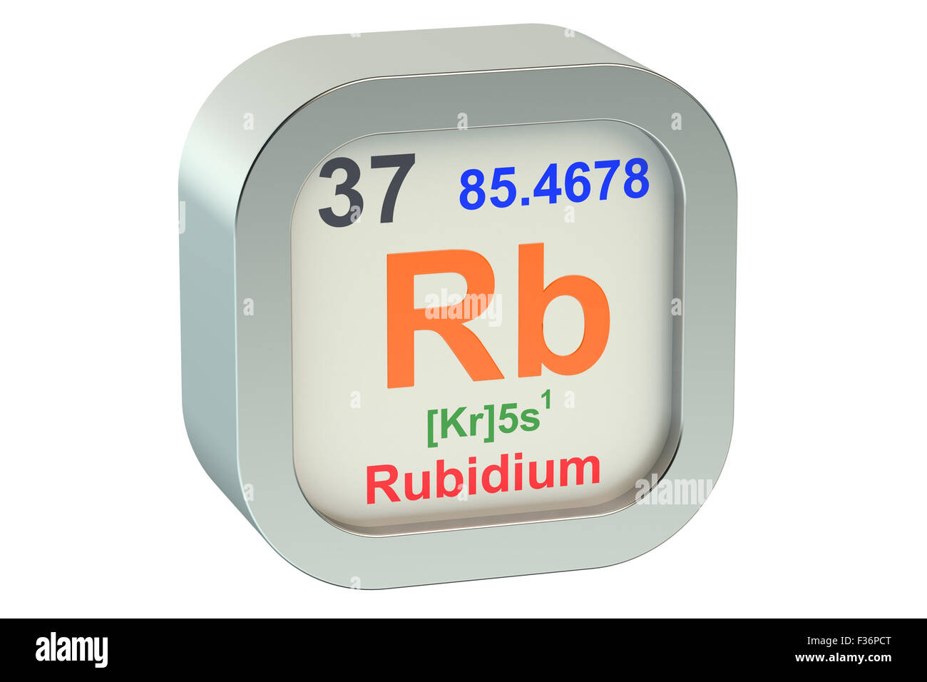 Rubidium-Element Symbol isoliert auf weißem Hintergrund Stockfoto