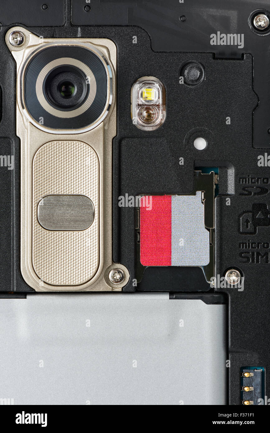Kameramodul und SD-Speicherkarten-Steckplatz auf der Rückseite des Smartphones Stockfoto