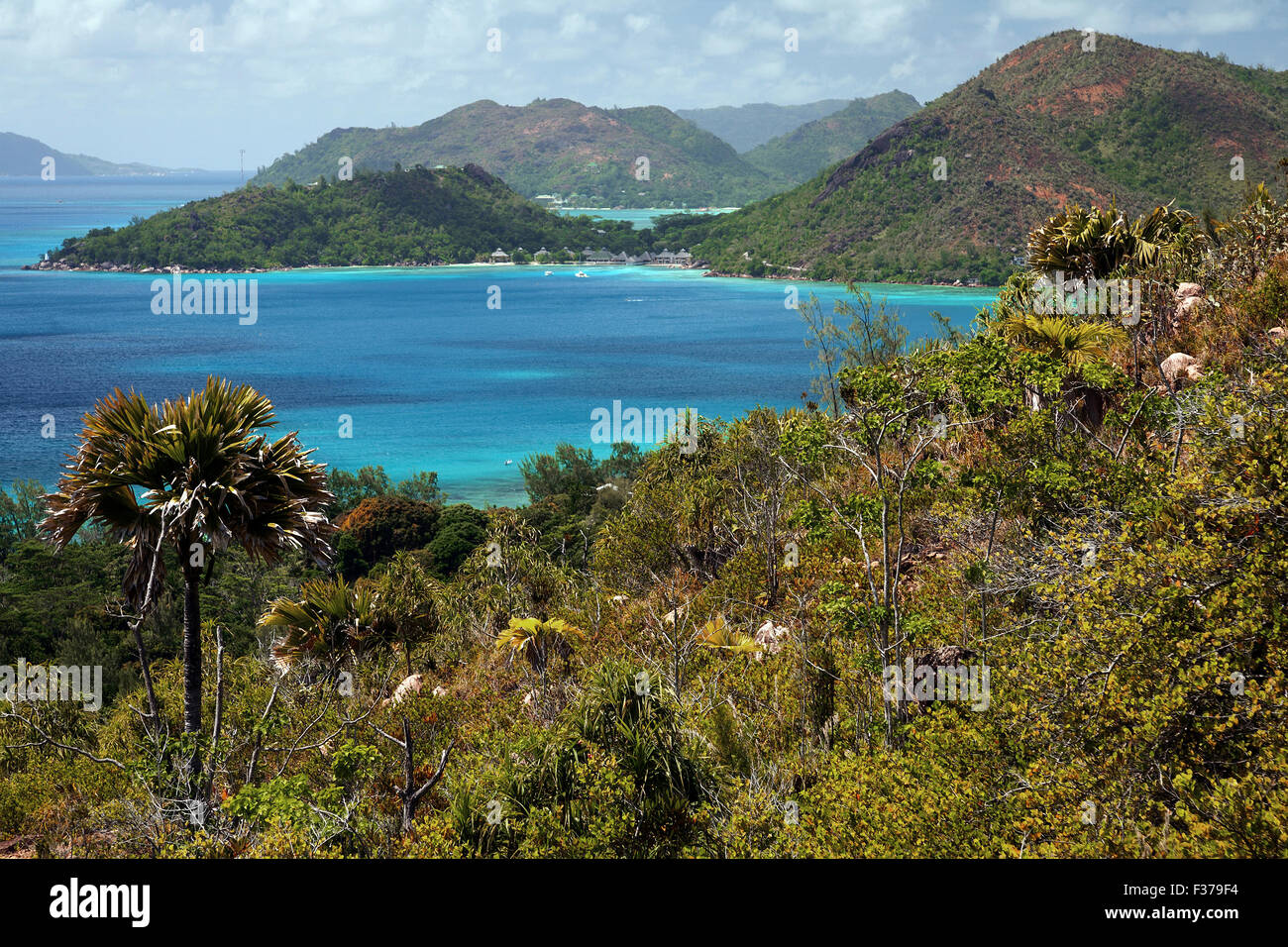 Blick vom Lookout Point Simbawe auf der Nordseite der Insel Praslin, Insel Praslin, Seychellen Stockfoto