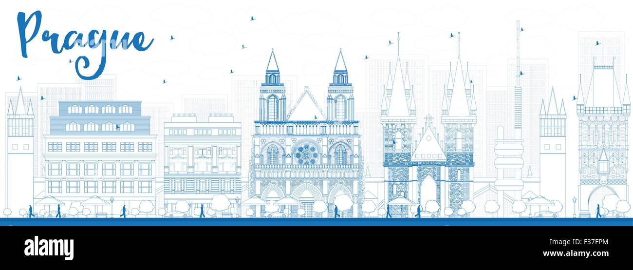 Skizzieren Sie mit blauen Sehenswürdigkeiten Prag Skyline. Vektor-illustration Stock Vektor