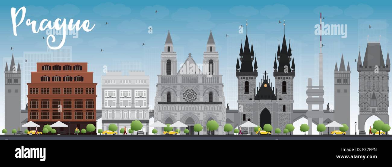Prager Skyline mit grauen Wahrzeichen und blauer Himmel. Vektor-illustration Stock Vektor