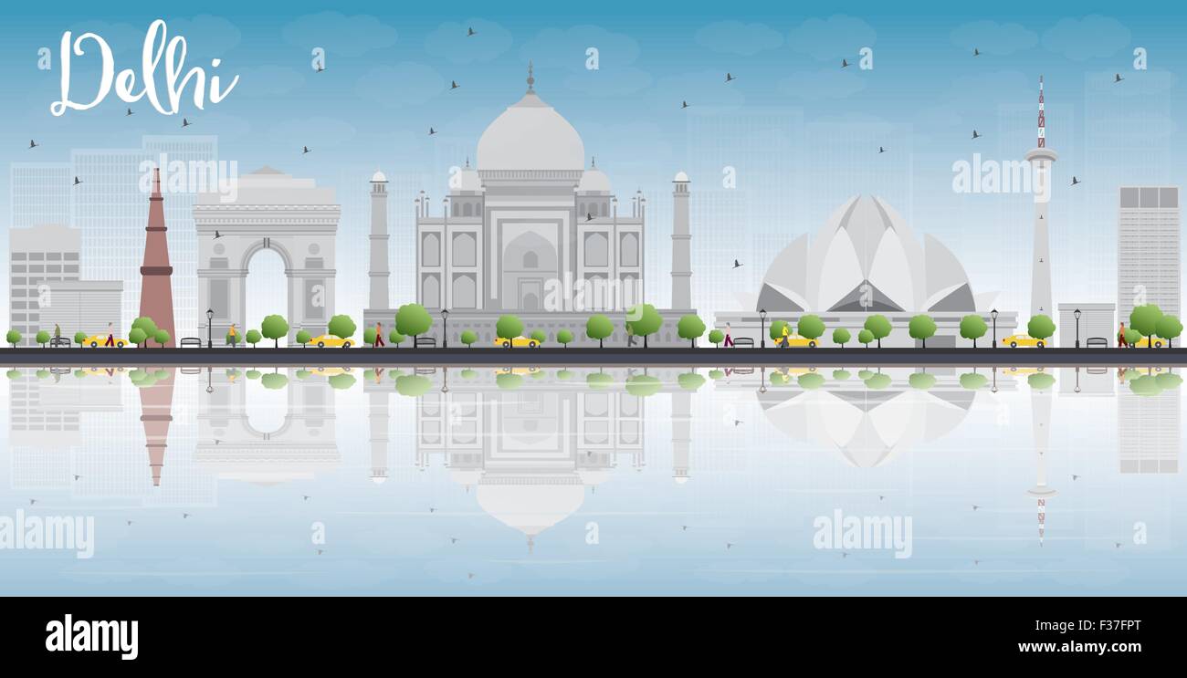 Delhi Skyline mit grauen Wahrzeichen, blauer Himmel und Reflexionen. Vektor-illustration Stock Vektor