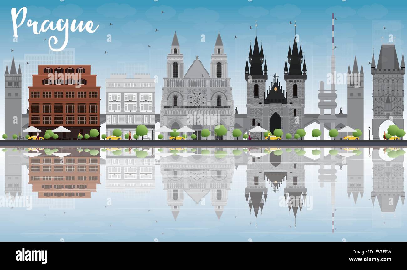 Prager Skyline mit grauen Wahrzeichen, blauer Himmel und Reflexionen. Vektor-illustration Stock Vektor