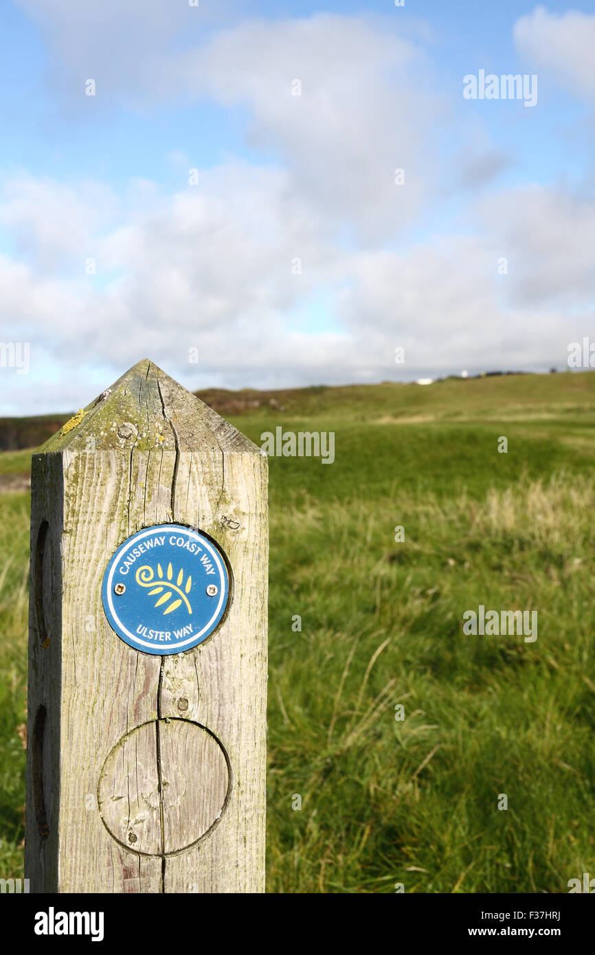 Causeway Coast Art Marker Post in der Nähe von Portstewart, Nordirland Stockfoto