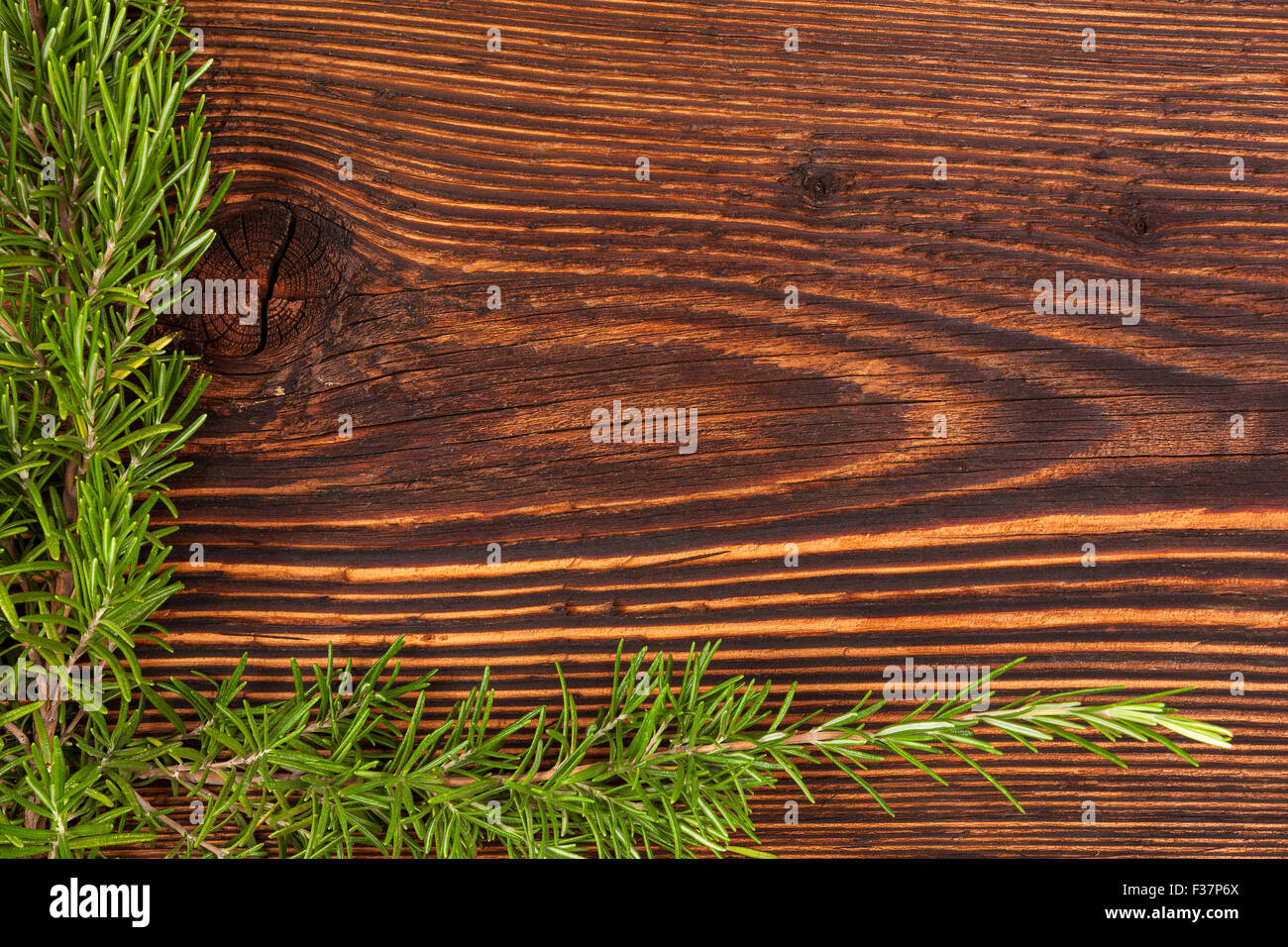 Frischer aromatischer Rosmarin Kraut auf hölzernen Hintergrund. Aromatisches Küchenkraut. Stockfoto