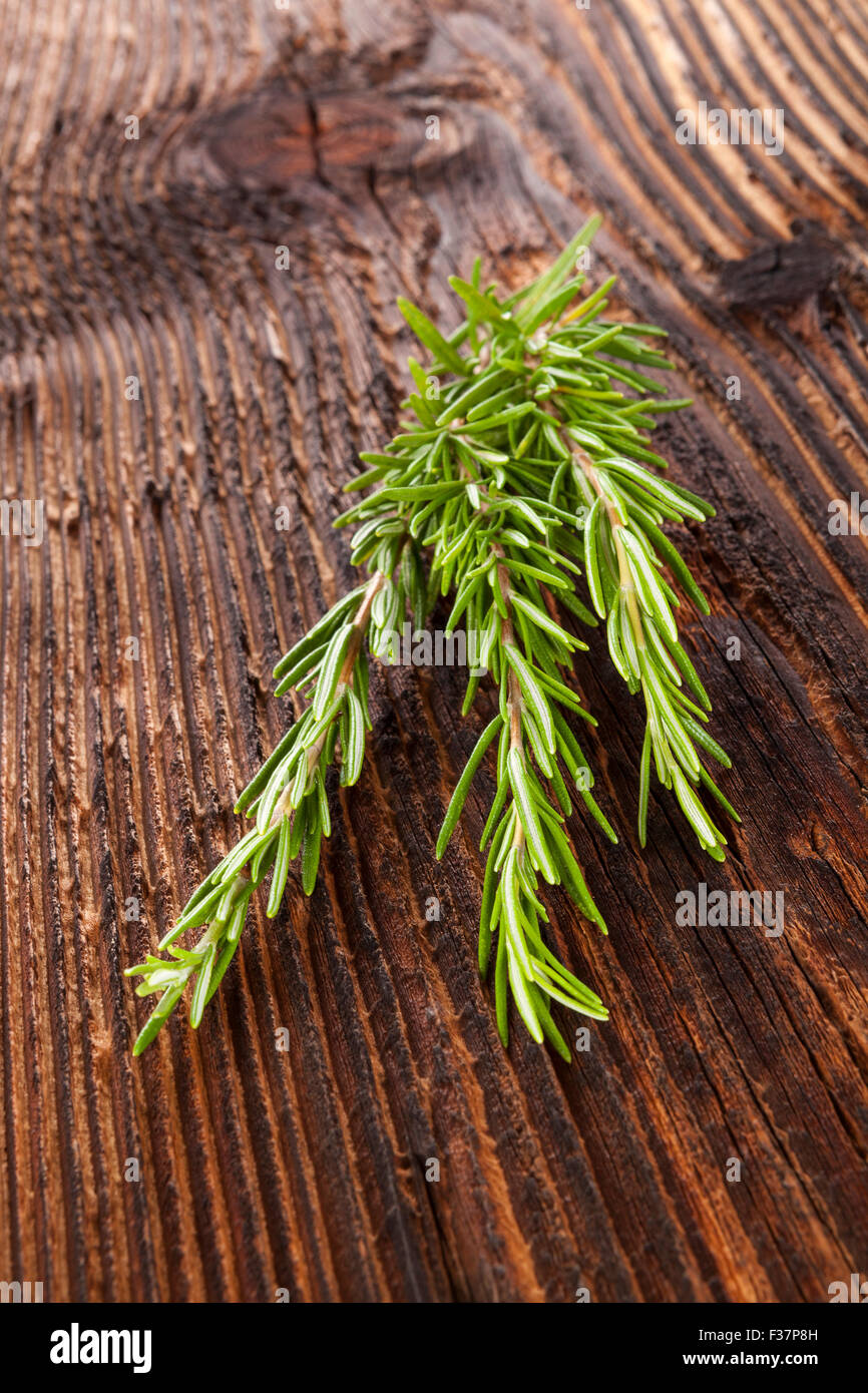Frischer aromatischer Rosmarin Kraut auf hölzernen Hintergrund. Aromatisches Küchenkraut. Stockfoto
