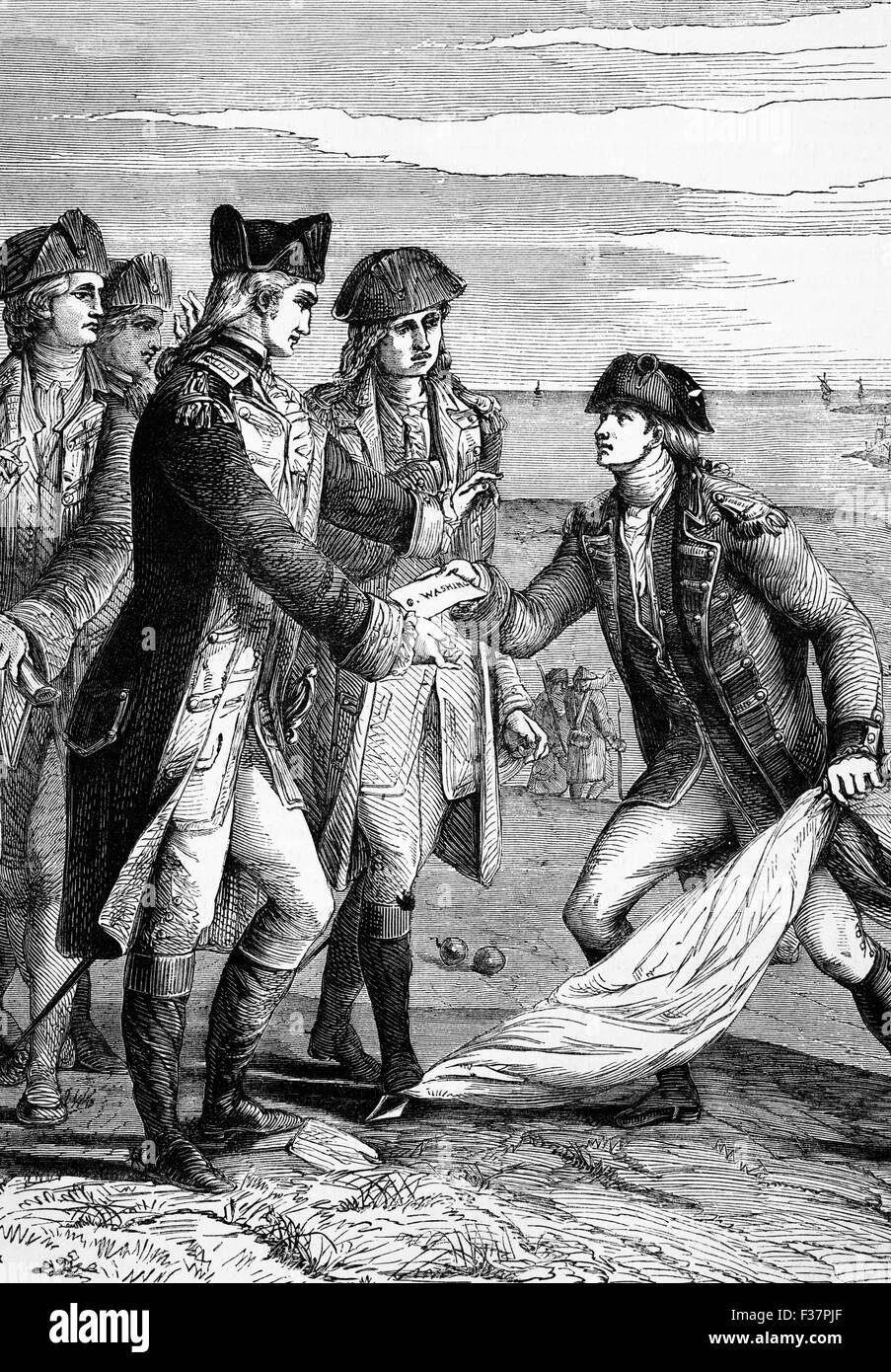 General George Washington die Flagge von Waffenstillstand zu akzeptieren, nachdem die Briten von Charles Cornwallis nach der erfolgreichen Belagerung von Yorktown, Virginia, am 17. Oktober 1781 ergeben; Es endete, große Kämpfe in der amerikanischen Revolution. Stockfoto