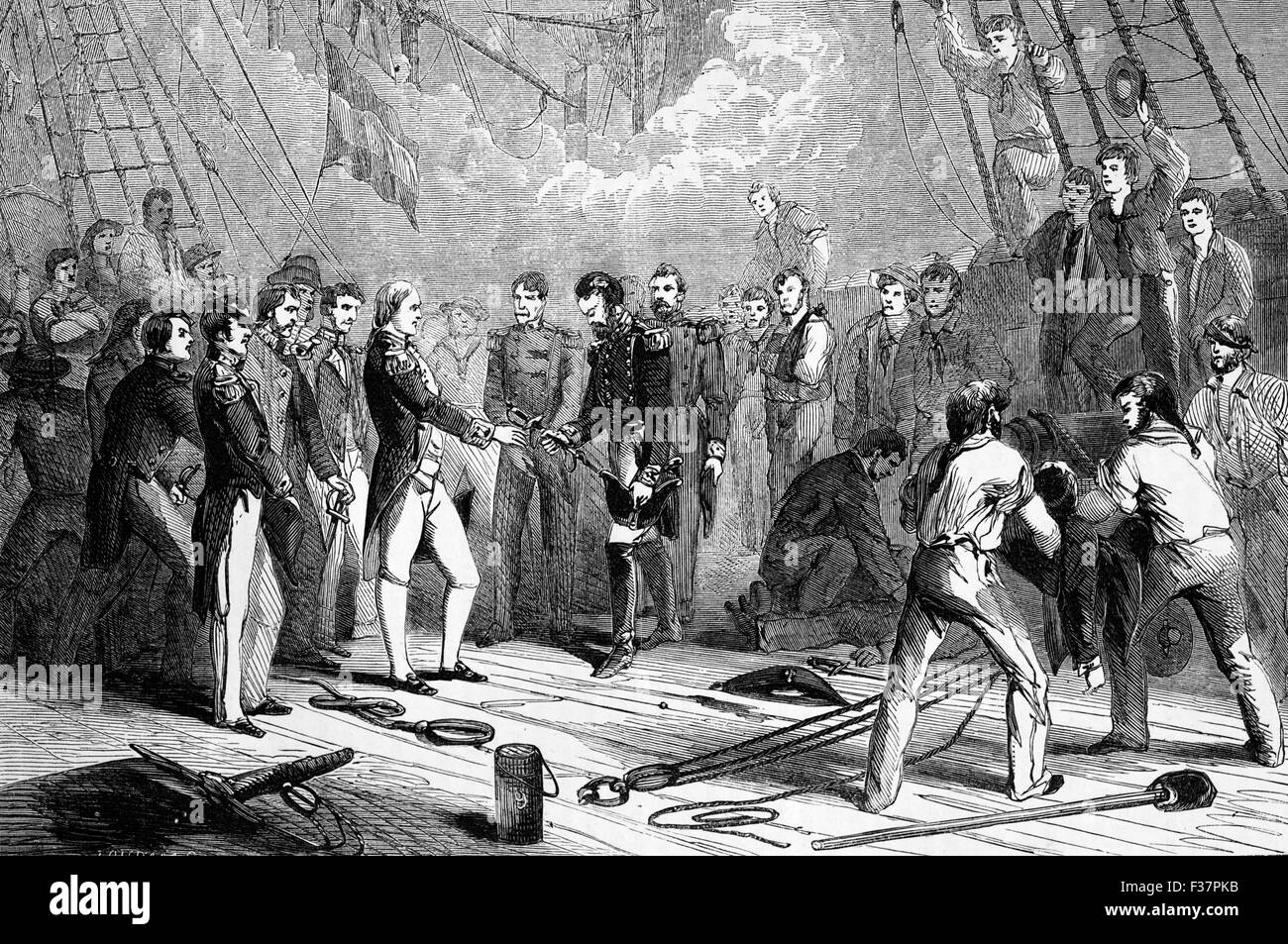 Die Schlacht von St. Kitts, auch bekannt als die Schlacht von Frigate Bay, war eine Seeschlacht, die am 25 und 26. Januar 1782 während des amerikanischen Unabhängigkeitskrieges stattfand. Die Folge war die Übergabe der größeren französischen Flotte unter dem Comte de Grasse, die britische Flotte unter Konteradmiral Sir Samuel Hood. Stockfoto