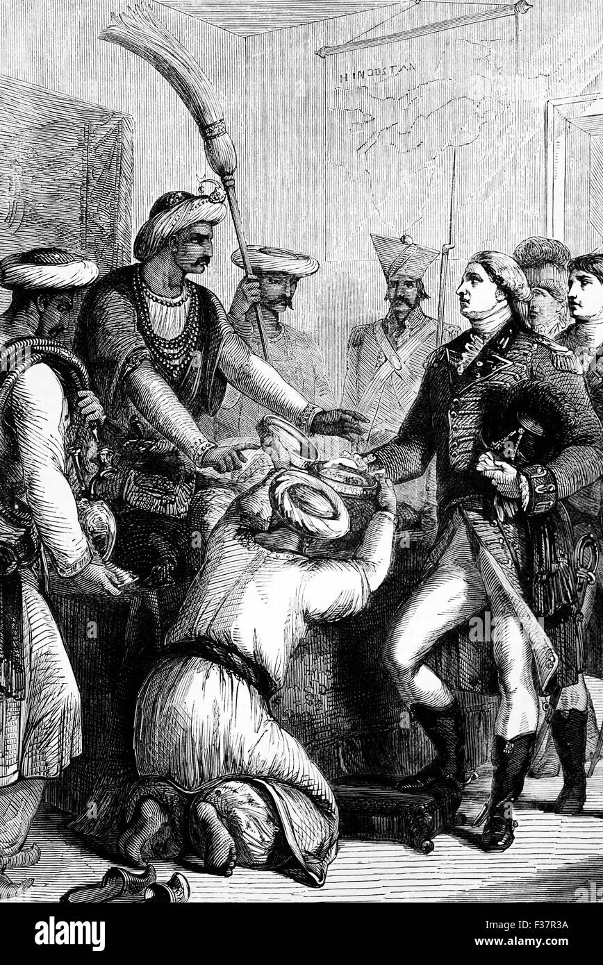 Shah Alam II gewähren die Rolle des Diwan oder Einnahmen Sammler, Orissa, Bengalen und Behar Herrn Robert Clive am 12. August 1765, in Benares. Durch diese Tat wurde die Ostindien-Kompanie die realen souveränen Herrscher von 30 Millionen Menschen, was einen Umsatz von vier Millionen Pfund Sterling. Stockfoto Shah Alam II gewähren die Rolle des Diwan oder Einnahmen Sammler, Orissa, Bengalen und Behar Herrn Robert Clive am 12. August 1765, in Benares. Durch diese Tat wurde die Ostindien-Kompanie die realen souveränen Herrscher von 30 Millionen Menschen, was einen Umsatz von vier Millionen Pfund Sterling. Stockfoto