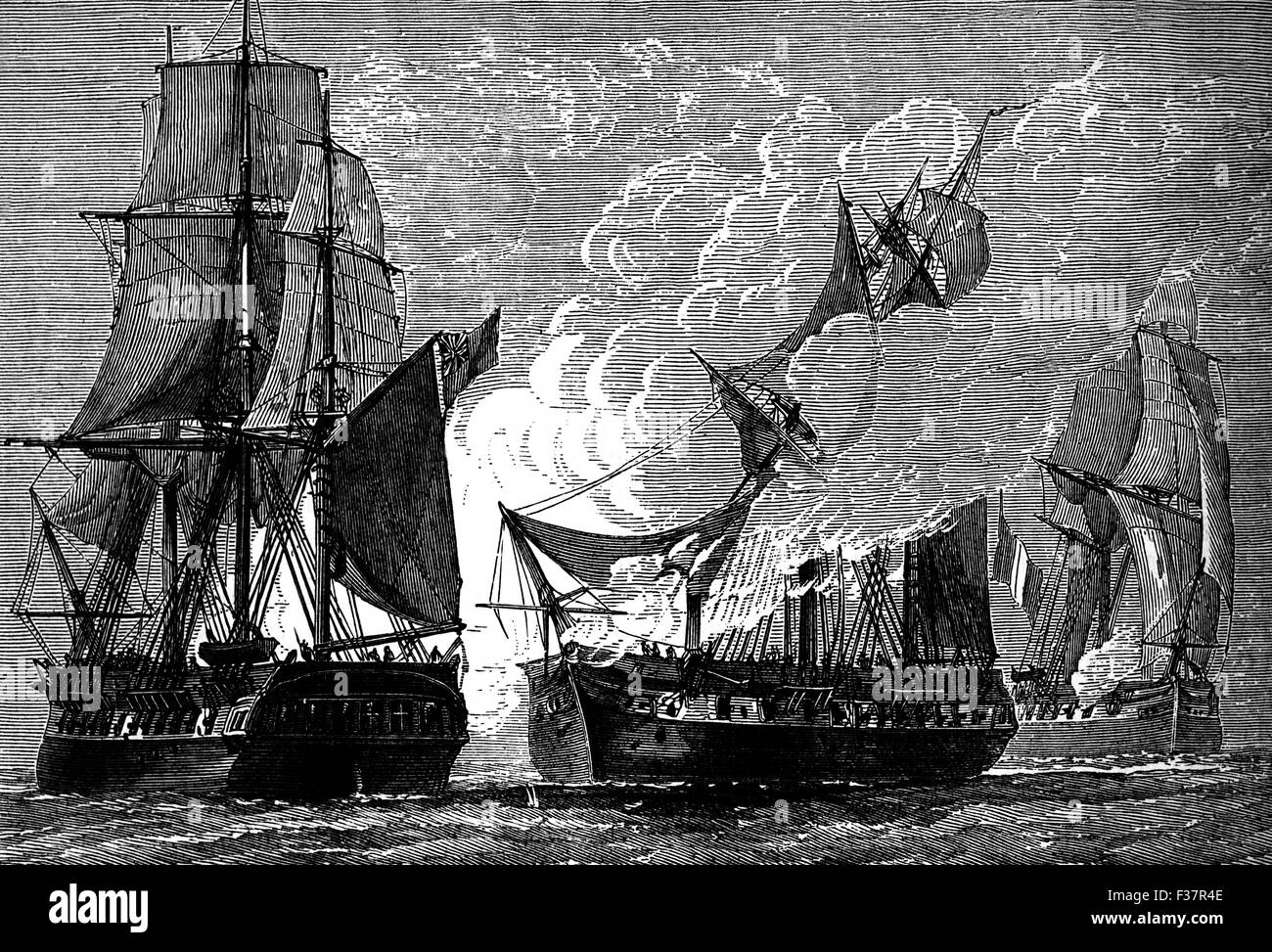 Die Schlacht von Cuddalore war zwischen den Briten unter Admiral Sir Edward Hughes und eine etwas kleinere französische Flotte unter dem Bailli de Suffren vor der Küste Indiens in der Nähe von Cuddalore.  während des amerikanischen Unabhängigkeitskrieges am 20. Juni 1783 nach Frieden in Europa aber bevor unterzeichnet worden war, hatte die Nachricht Indien erreicht. Es war die letzte Schlacht des amerikanischen Unabhängigkeitskrieges. Stockfoto