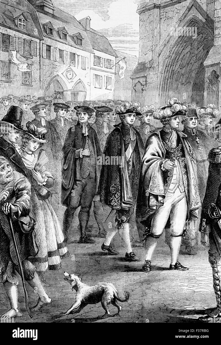 Prozession des Tiers Etat, (das Volk) Teil der UNO-Generalversammlung, die Vertreter des Klerus, der Adel und das gemeine Volk. Gerufen durch König Louis XVI, um Lösungen für seine Regierung finanzielle Probleme vorzuschlagen, stießen die Generalstände saß für mehrere Wochen im Mai und Juni 1789 aber zu einer Sackgasse als die drei Stände kam über ihre jeweiligen Befugnisse. Es wurde zu einem Ende gebracht, wenn sich viele Mitglieder des dritten Standes in Wahlkreis Assembly, signalisieren den Ausbruch der französischen Revolution gebildet. Stockfoto