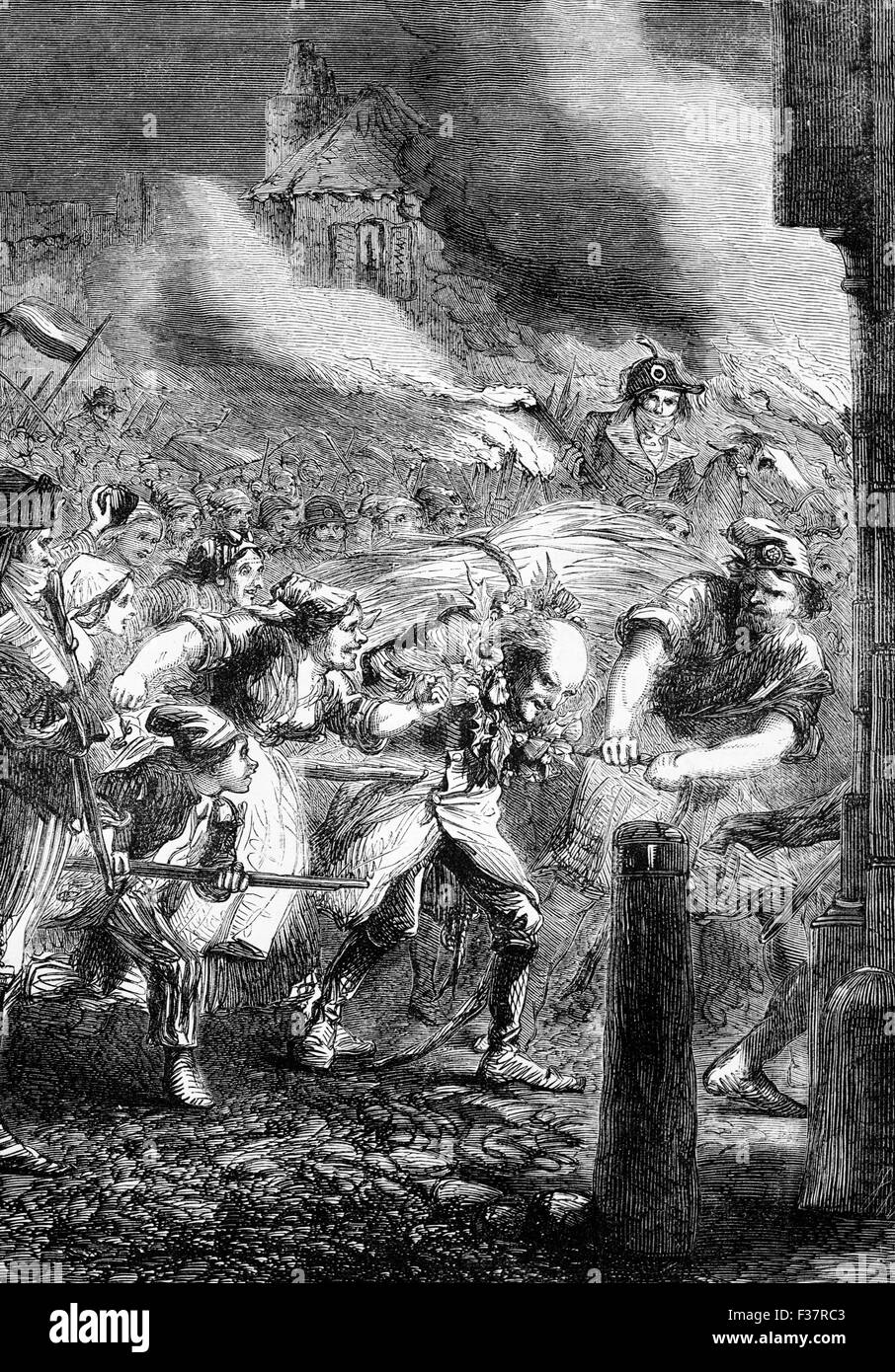 Nach dem Sturz der Bastille 1789 Foulon de Doué, Regler-General der Finanzen unter Louis XVI floh nach Viry-Châtillon, in der Nähe der Hauptstadt, die wurde er gefangen genommen von den Bauern und gemacht, gehen, barfuß, mit einem Bündel von Heu auf dem Rücken gebunden und hatte der Schweiß im Gesicht mit Brennnesseln abgewischt. Stockfoto