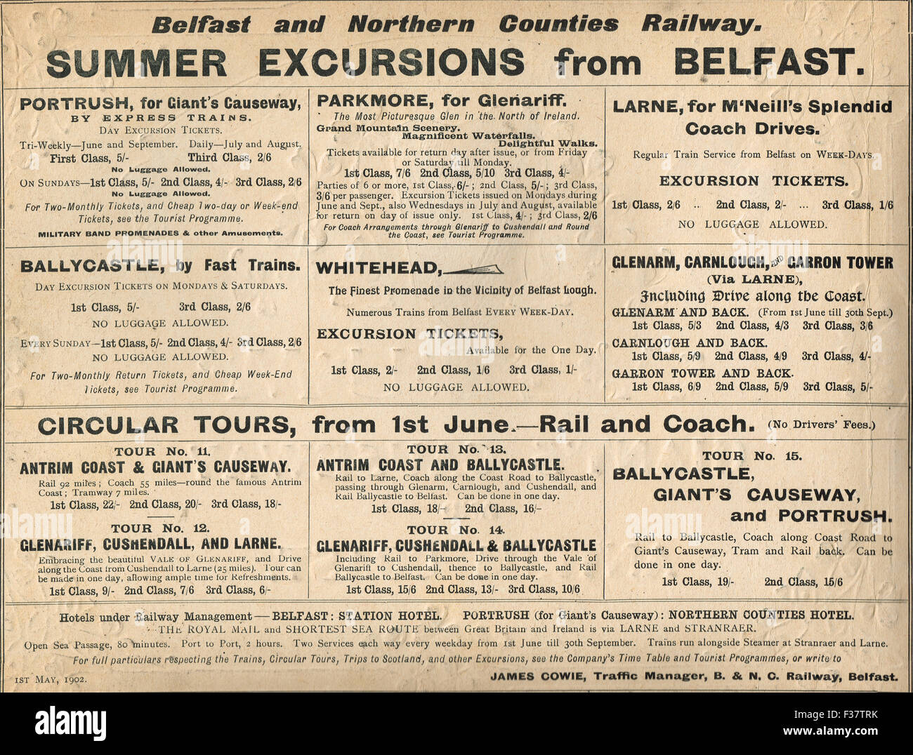 Belfast Eisenbahn Anzeige Ausflüge 1902 Stockfoto