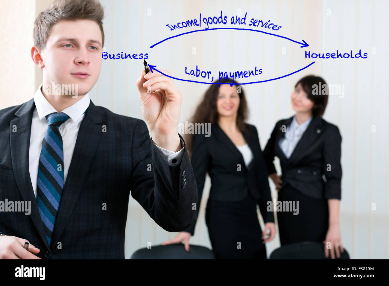 Junger Geschäftsmann zeichnet Diagramm für sein team Stockfoto