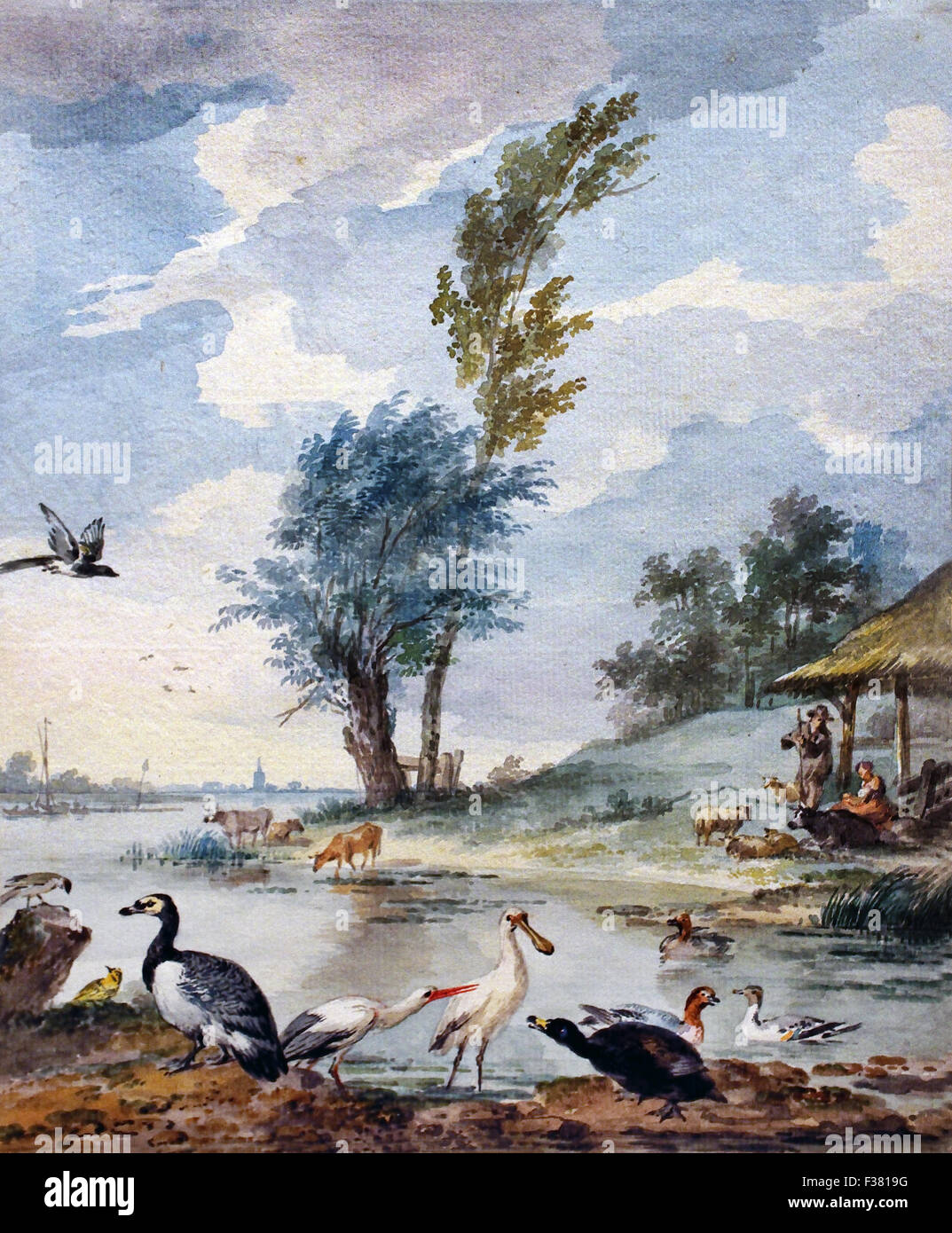 Flusslandschaft mit verschiedenen Vögel 1750 Aert Schouman 1710-1792 holländischen Niederlanden Zeichnung Stockfoto