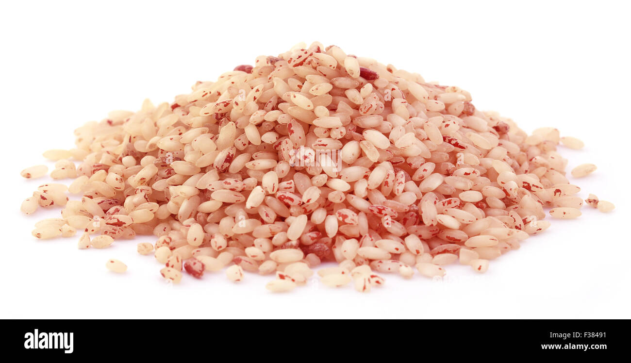 Frische Reis auf weißem Hintergrund Stockfoto