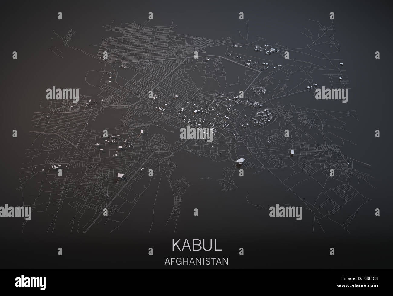 Karte von Kabul, Afghanistan, Satelliten-Ansicht Karte in 3d. Schwarz / weiß Stockfoto