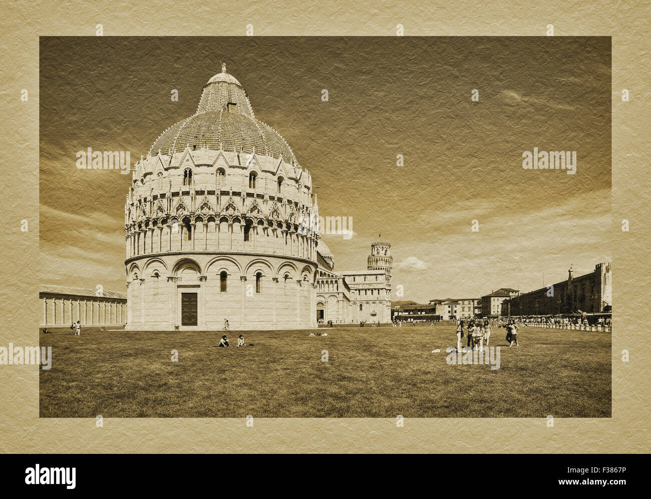 Blick zum Baptisterium, Duomo St. Maria Himmelfahrt und der schiefe Turm von Pisa, Toskana, Mittelitalien, Italien, Europa Stockfoto