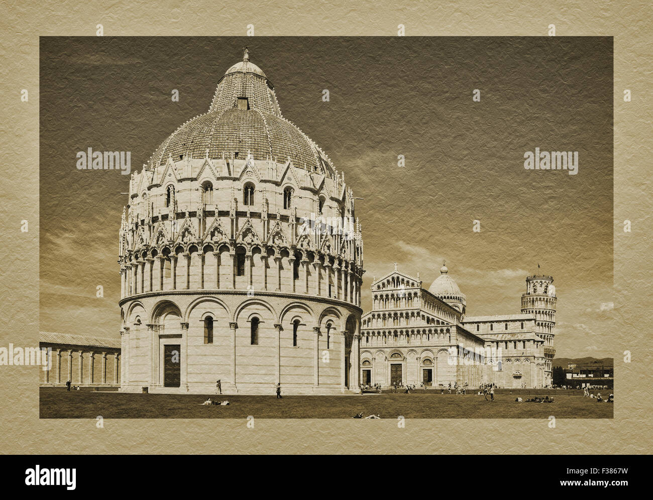 Blick zum Baptisterium, Duomo St. Maria Himmelfahrt und der schiefe Turm von Pisa, Toskana, Mittelitalien, Italien, Europa Stockfoto