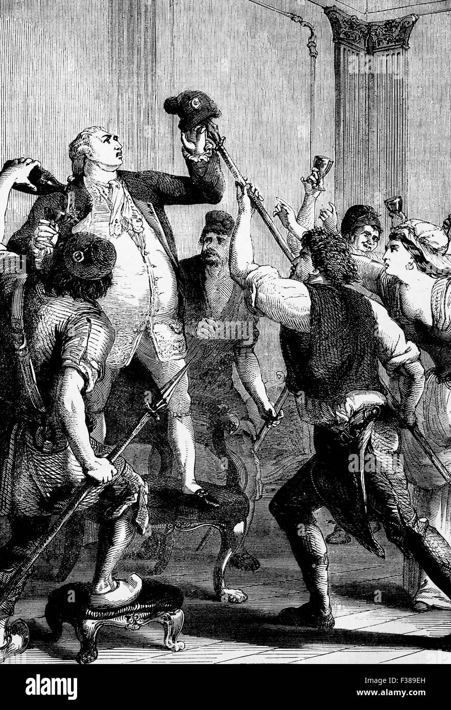 Die Menschen zwingen, Louis XVI, die "rote Kappe" im Jahre 1792 zu tragen. Es machte die revolutionären Eifer und plebejischen Solidarität Pariser Sansculotten sofort erkennbar. Stockfoto