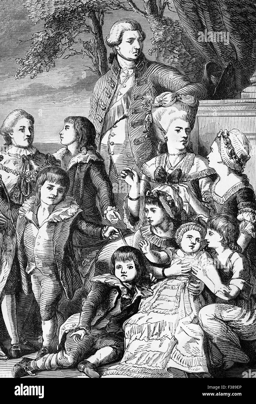 König George III. und Königin Charlotte und ihre Kinder im Jahre 1776 Stockfoto