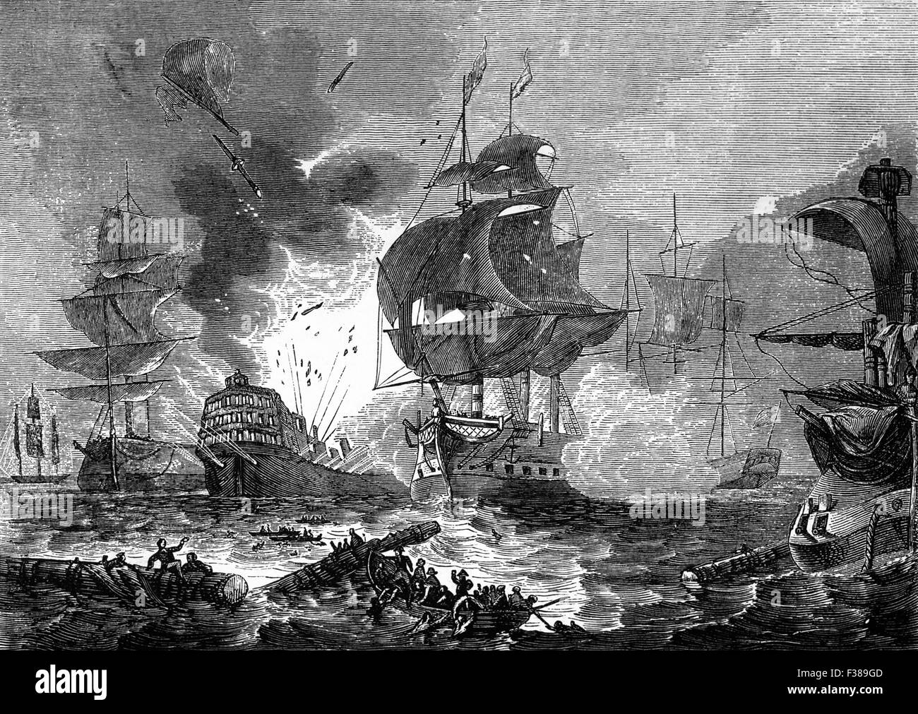 Die Schlacht des Nils, Flotten eine großen Seeschlacht zwischen Briten und Franzosen kämpften bei Aboukir Bucht an der mediterranen Küste Ägyptens vom 1. – 3. August 1798. Die britische Flotte wurde von Konteradmiral Sir Horatio Nelson in der Schlacht geführt; Sie besiegte entscheidend die Franzosen unter Vize-Admiral François-Paul Brueys d'Aigalliers. Stockfoto