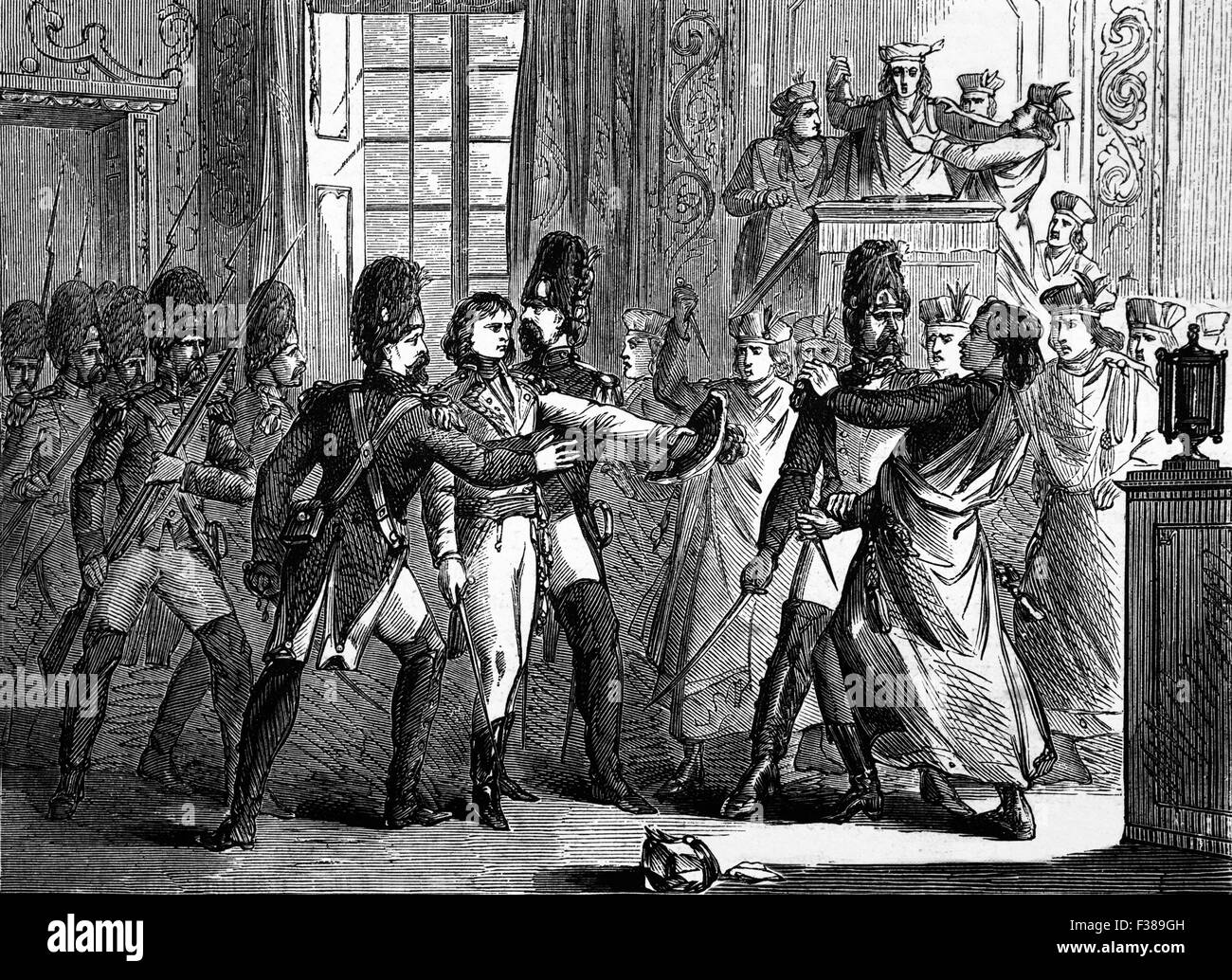Napoleon Bonaparte an der Spitze einer Gruppe der Grenadiere, die von den Kammern den Rat der fünfhundert - das Unterhaus des Gesetzgebers - fuhren. Sie installiert ihn als Führer von Frankreich als sein erster Konsul.  Dieses beendete den Rat der fünfhundert, den Rat des alten und das Verzeichnis. Stockfoto