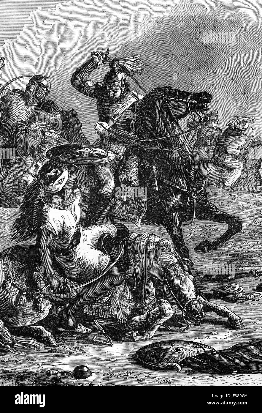 Die Schlacht von Assaye war, dass eine große Schlacht des zweiten Anglo-Maratha Krieges zwischen der Maratha Konföderation und die Britische Ostindien-Kompanie kämpfte. Es ereignete sich am 23. September 1803 in der Nähe von Assaye in Westindien, wo eine Unterzahl indischen und britischen Kraft unter dem Kommando von Generalmajor Arthur Wellesley (der spätere Herzog von Wellington) eine kombinierte Konföderierten Armee von Daulat Scindia und Raja Berar besiegt. Stockfoto