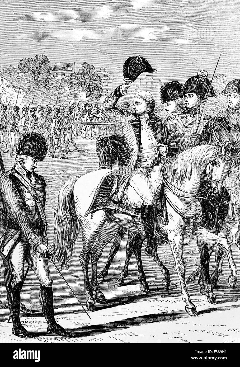König George III Überprüfung der britischen Freiwilligen während der Vorbereitungen der Anti-Invasion von 1804. Im Vereinigten Königreich zu Napoleons geplante Invasion des Vereinigten Königreichs gab es militärische und zivile Antworten. Stockfoto