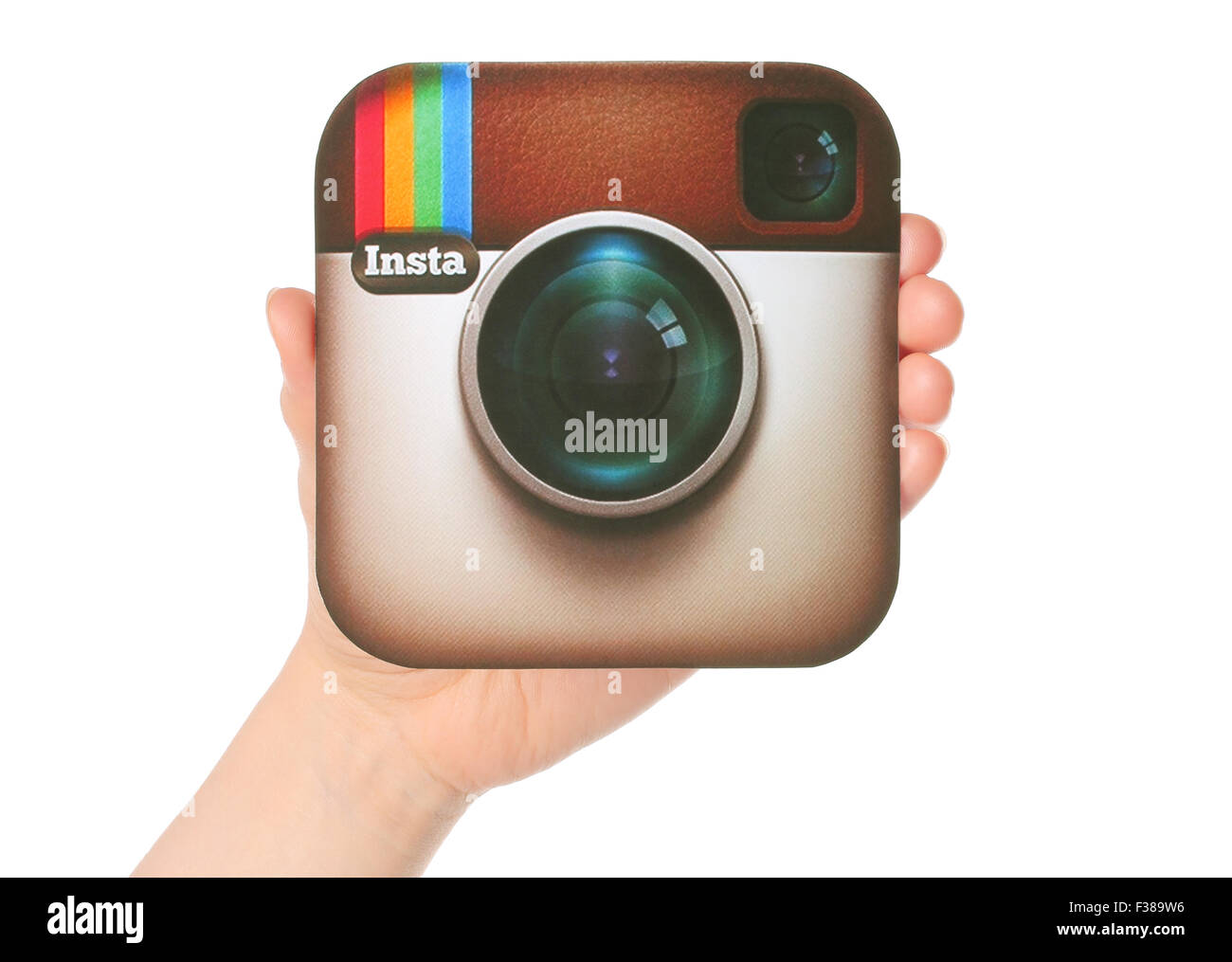 Kiew, UKRAINE - 29 APRIL 2015:Hand hält Instagram Schriftzug auf Papier gedruckt. Stockfoto