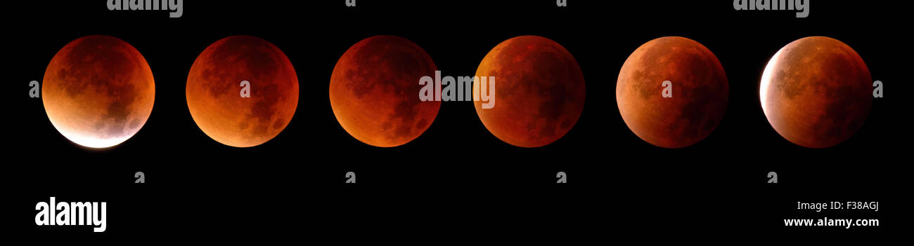 Collage aus 6 Etappen eines total lunar Eclipse oder Blut Mondes, erschossen am 28. September 2015 Stockfoto