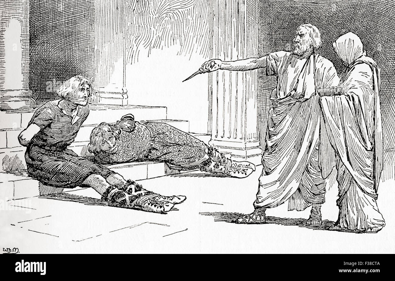 Eine Szene aus Shakespeares Theaterstück Titus Andronicus.  Akt V, Szene 2. Titus: "Komm, komm, Lavinia, Schau, dein Gegner gebunden."   Illustration von Gordon Browne. Stockfoto