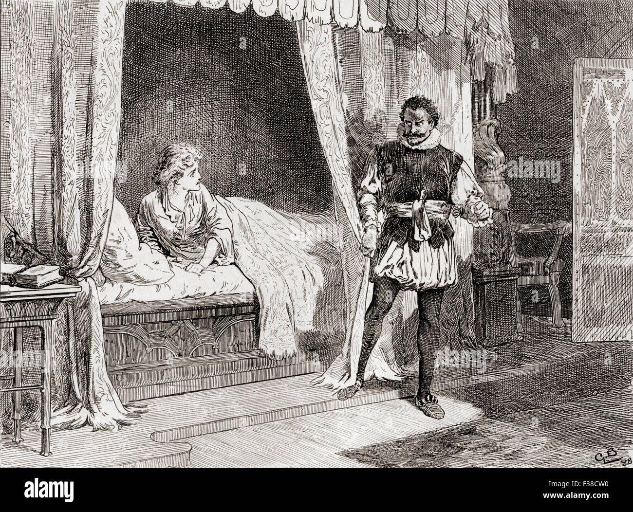 Eine Szene aus Shakespeares Theaterstück Othello. Akt V, Szene 2.  Desdemona: "sprechen Sie töten?"  Othello: "Ja, was ich tue."  Illustration von Gordon Browne. Stockfoto