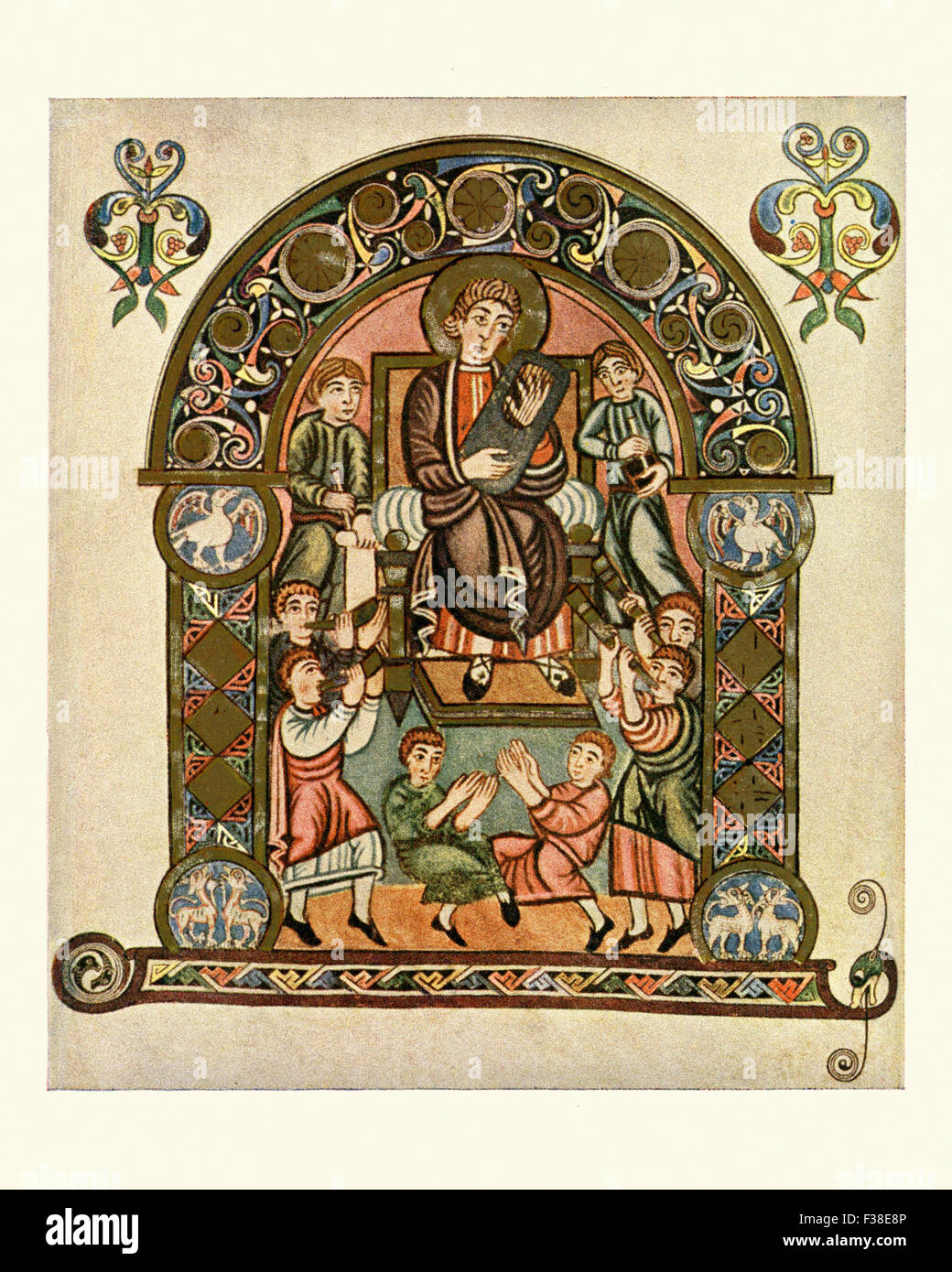 Vintage Farbe drucken nach eine Ausleuchtung von Vespasian Psalter von St. Augustine, 8. Jahrhundert. David mit Musikern der Darstellung. Stockfoto Vintage Farbe drucken nach eine Ausleuchtung von Vespasian Psalter von St. Augustine, 8. Jahrhundert. David mit Musikern der Darstellung. Stockfoto
