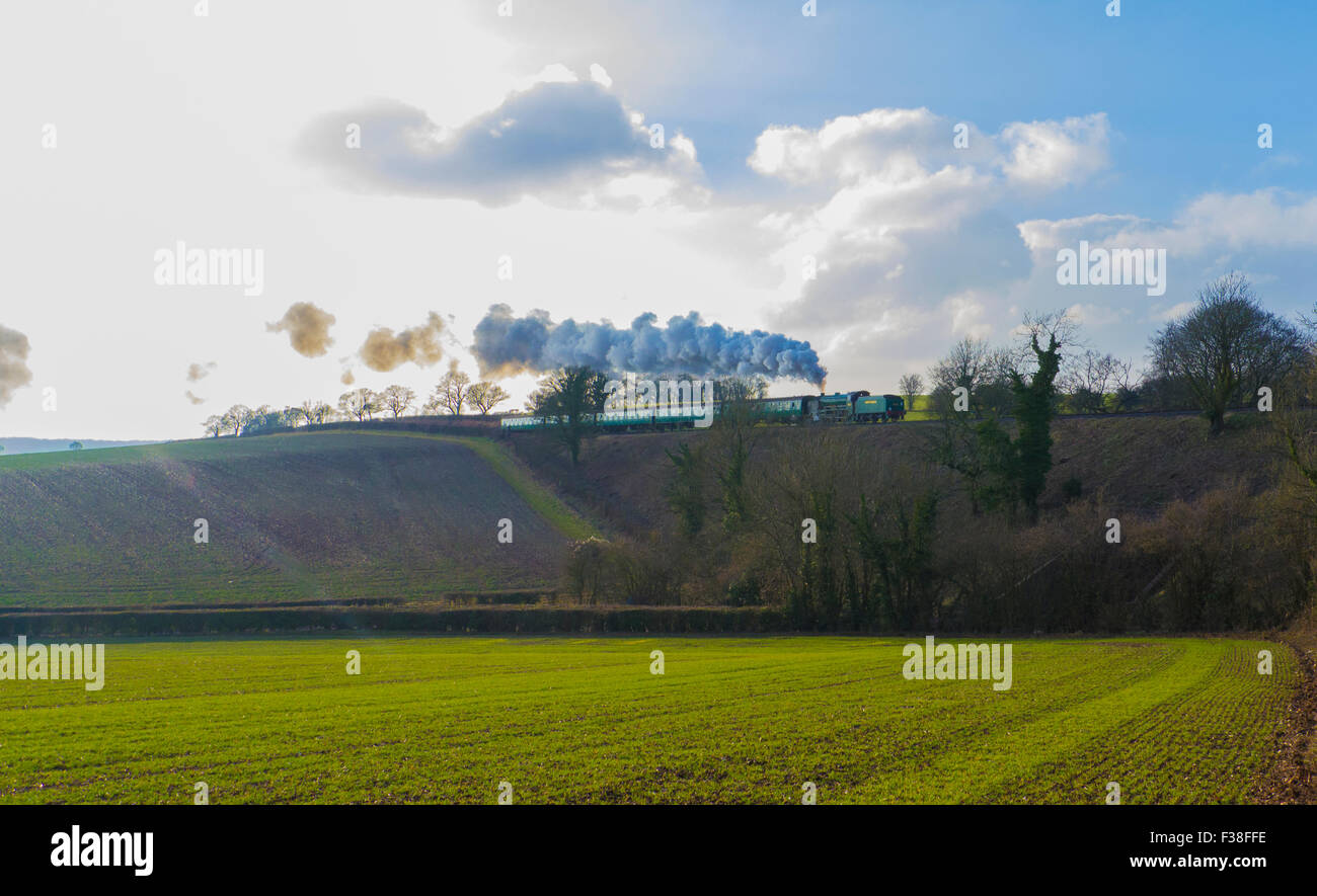 Schulen-Klasse Lok Nummer 925" Cheltenham" läuft rückwärts auf einen Zug zwischen Ropley & vier Markierungen auf der Mitte Hants Railw Stockfoto