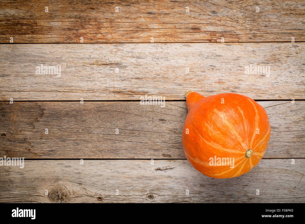 leuchtend orange Hubbard Winter Squash auf einem Grunge verwitterte Scheune Holz mit einem Textfreiraum Stockfoto