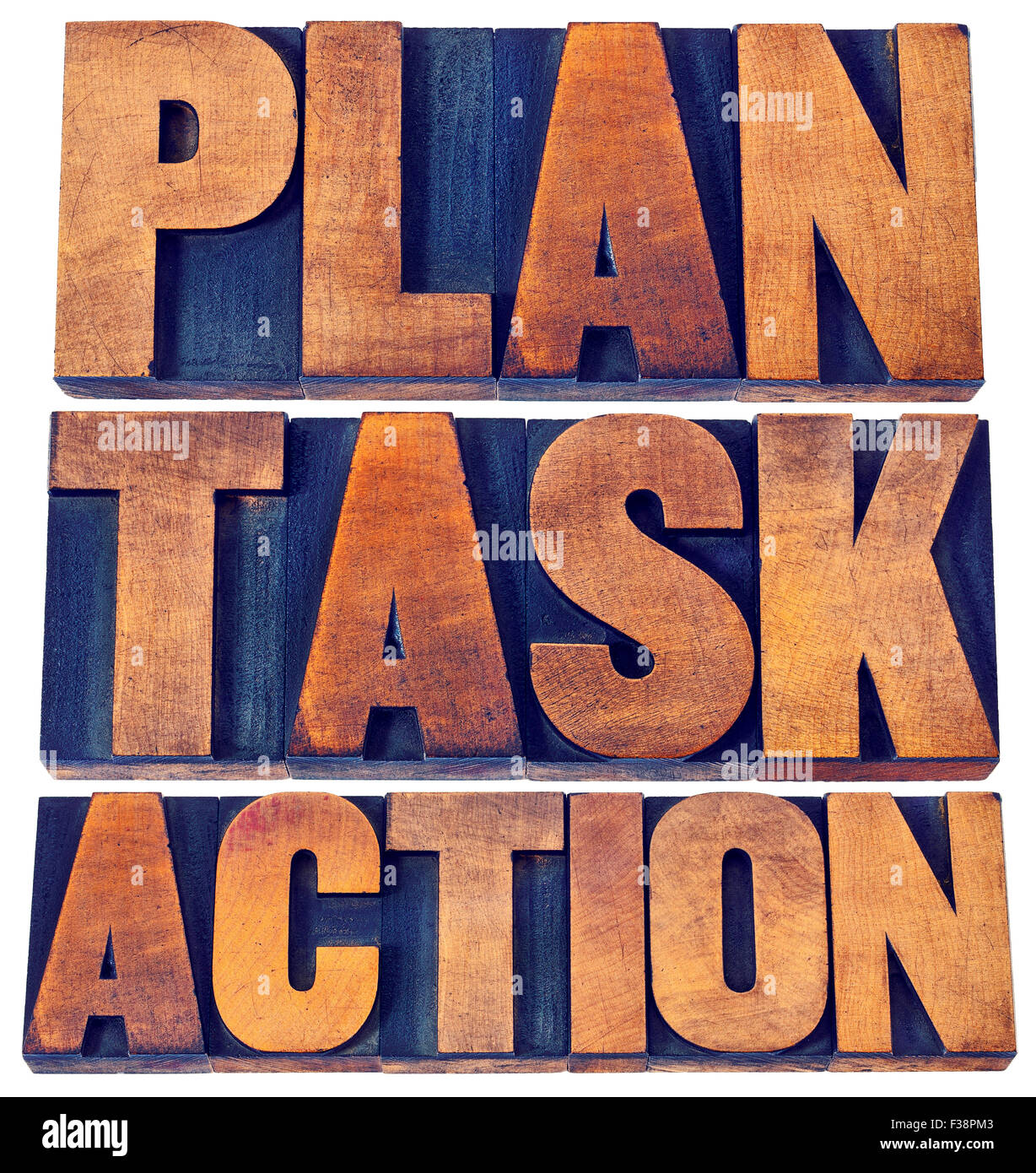 Plan, Aufgabe, Aktion Wort Abstrakt - isolierten Text in Vintage Buchdruck Holzart Blöcken befleckt von Tinten Stockfoto