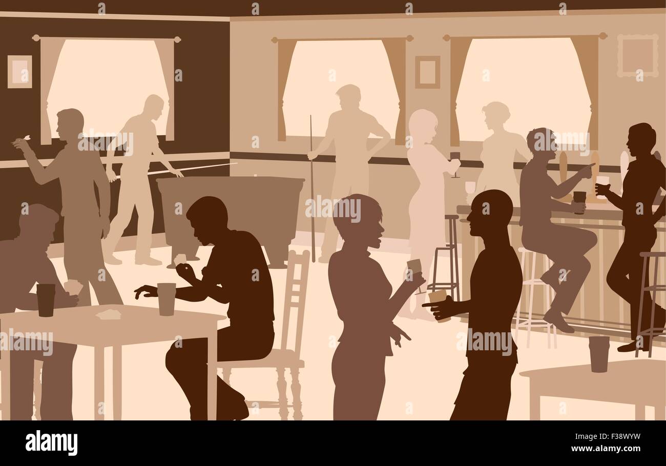 EPS8 bearbeitbare Ausschnitt Vektorgrafik Menschen trinken in einer belebten Bar mit typischen Pub-Spiele Stock Vektor