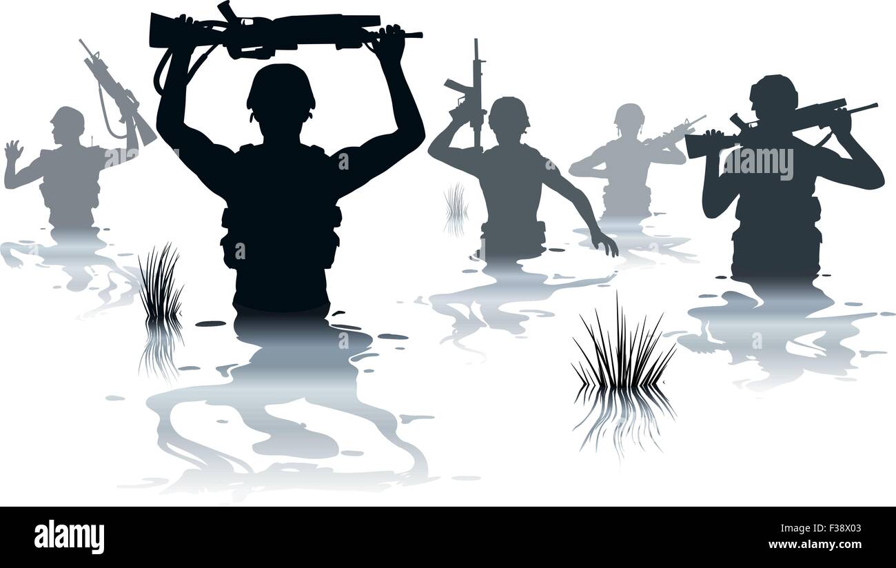 EPS8 bearbeitbares Vektor-Illustration von Soldaten auf Patrouille durch Wasser waten Stock Vektor