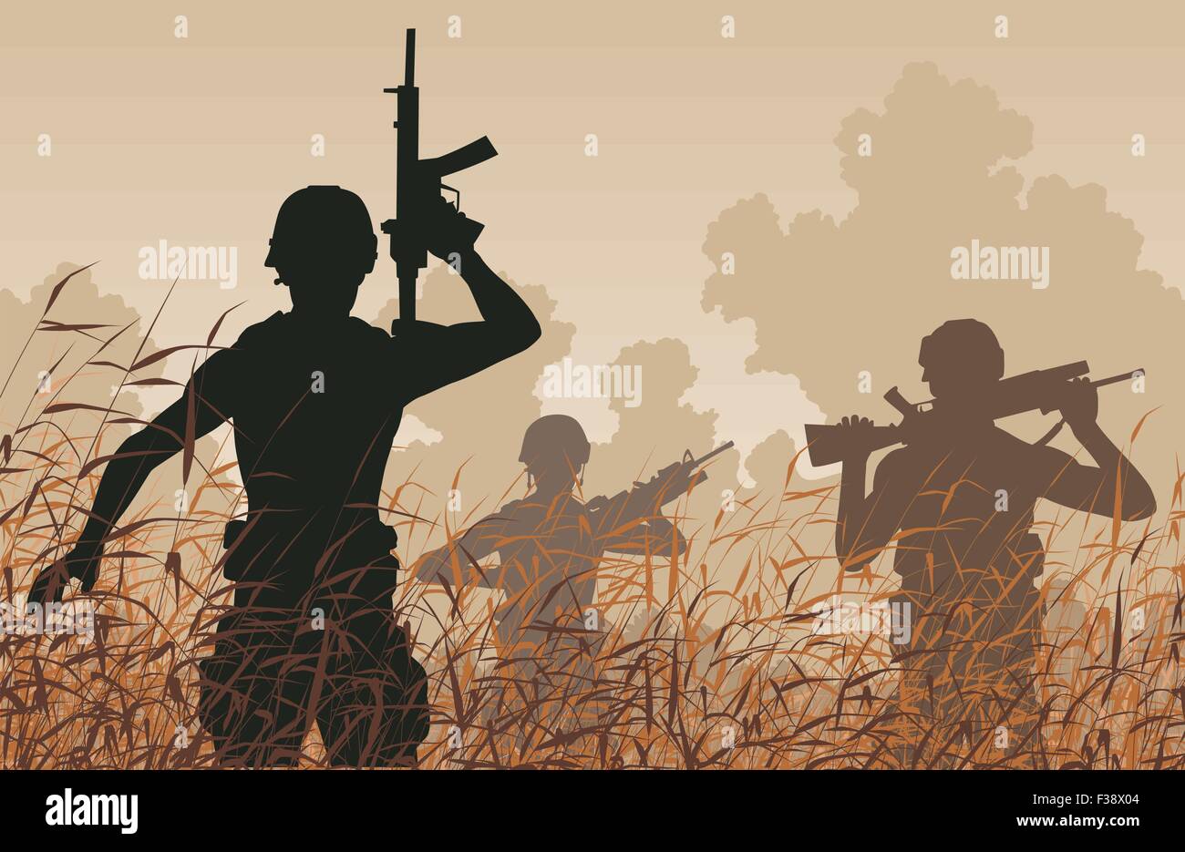 EPS8 bearbeitbares Vektor-Illustration von Soldaten auf Patrouille in einem reedswamp Stock Vektor