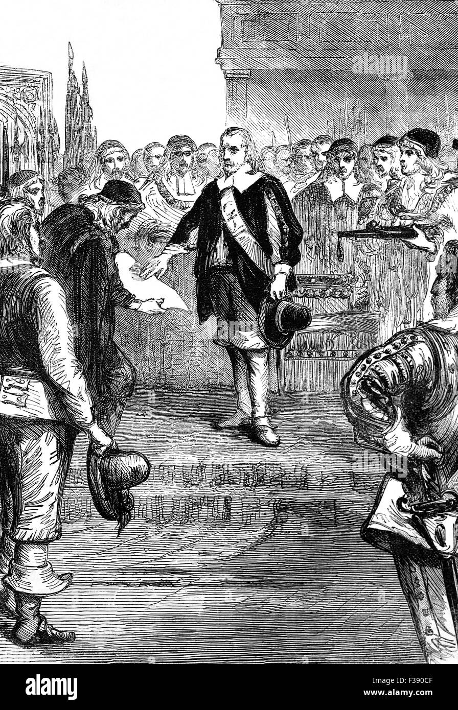 Oliver Cromwell, Kapitän-General der Streitkräfte von England, Schottland und Irland, die Vereidigung im Jahre 1653, Lord Protector des Commonwealth of England, Schottland und Irland und die Herrschaften zu werden. Stockfoto