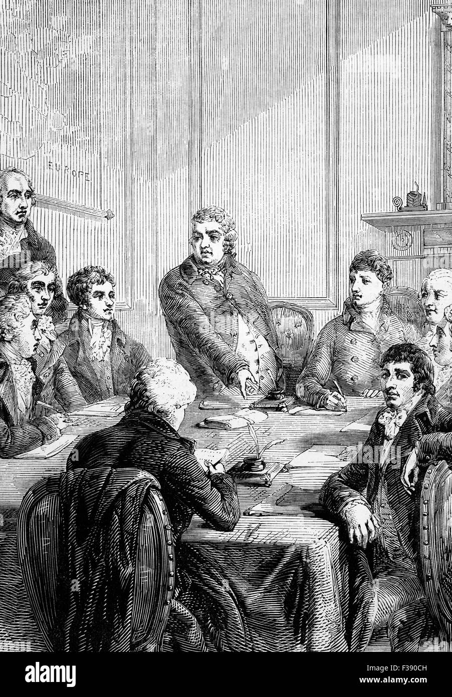 Das britische Kabinett mit Charles James Fox (1749 – 1806), stehende Zentrum. Er war eine prominente britische Whig-Staatsmann, der eine Koalition als Außenminister kurz vor seinem Tod trat. Stockfoto Das britische Kabinett mit Charles James Fox (1749 – 1806), stehende Zentrum. Er war eine prominente britische Whig-Staatsmann, der eine Koalition als Außenminister kurz vor seinem Tod trat. Stockfoto