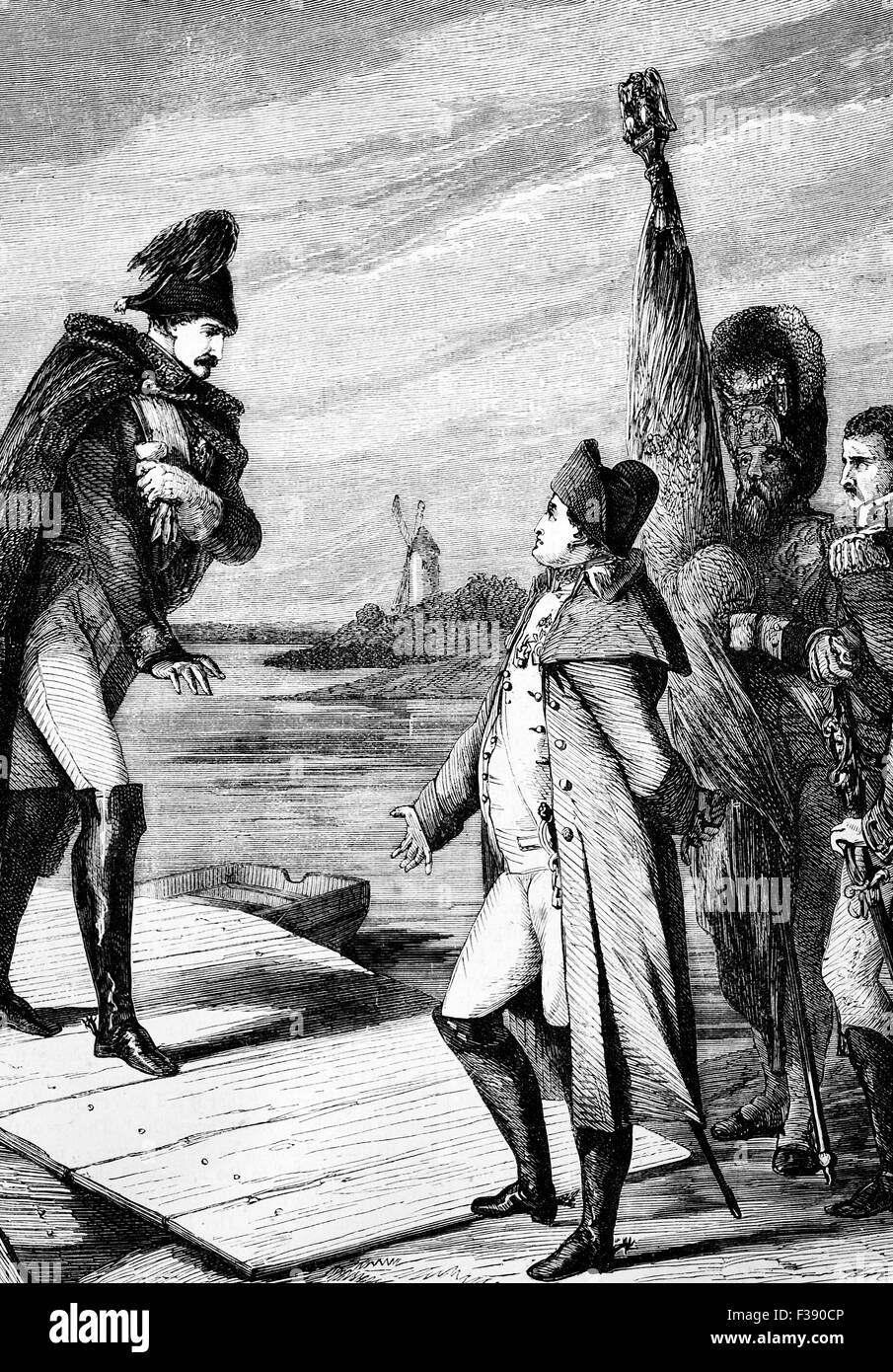Napoleon i. von Frankreich und Zar Alexander i. von Russland-treffen zu den ersten Vertrag von Tilsit am 7. Juli 1807 auf einem Floß mitten im Fluss Neman in Kaliningrad Oblast, Russland unterzeichnen. Stockfoto