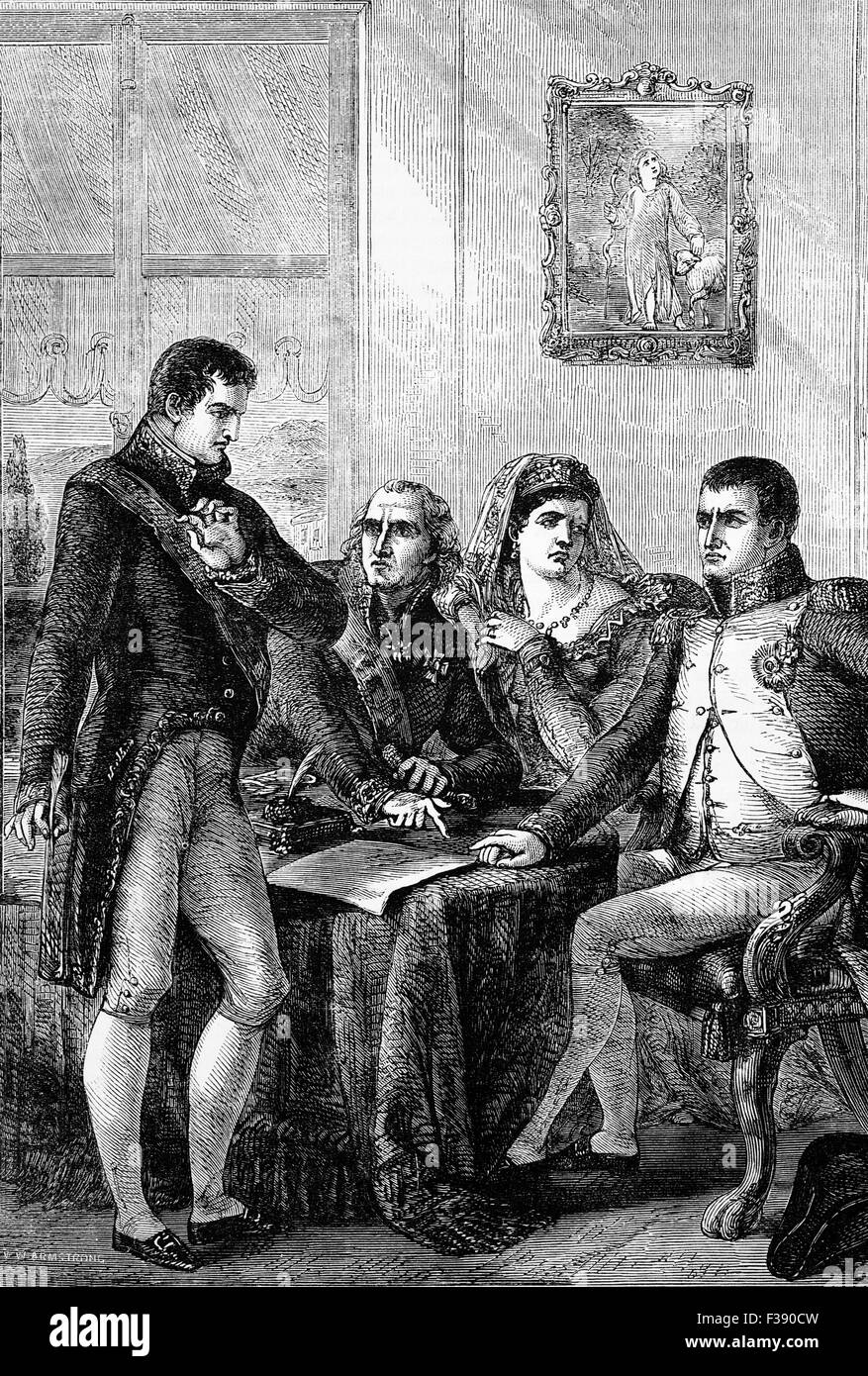 Ferdinand VII von Spanien seine Krone nieder, der Kaiser Napoleon am 6. Mai 1808. Napoleon hielt dann Ferdinand unter Bewachung in Frankreich seit sechs Jahren auf Schloss Valençay. Stockfoto