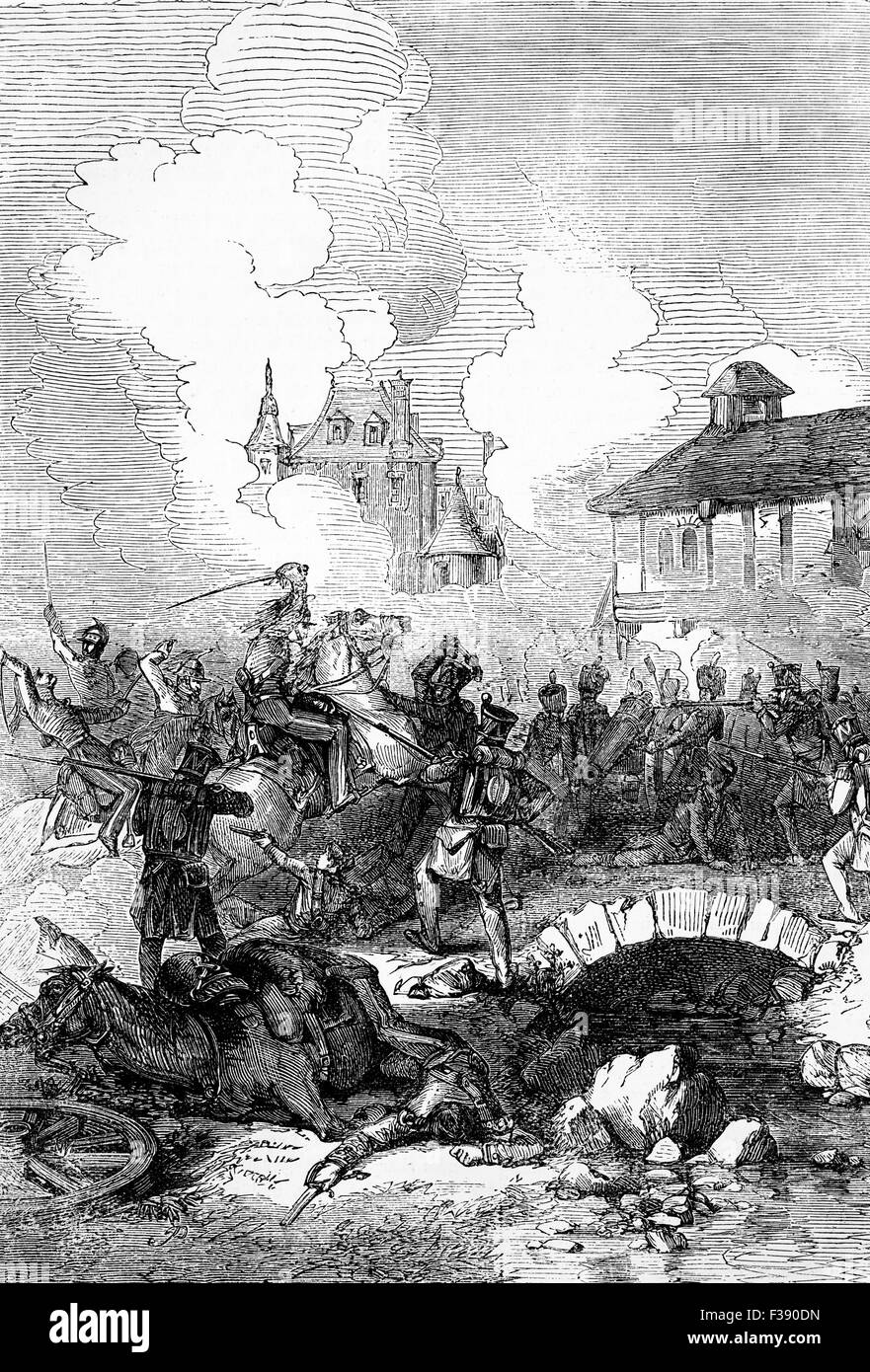 Ein Engagement am Dorf von Kaya in Deutschland während der Schlacht von Lutzen(1812-13), in dem eine Koalition von Österreich, Preußen, Russland, Großbritannien, Portugal, Schweden, Spanien und eine Anzahl von deutschen Staaten schließlich besiegte Frankreich und Napoleon ins Exil auf Elba fuhr. Stockfoto