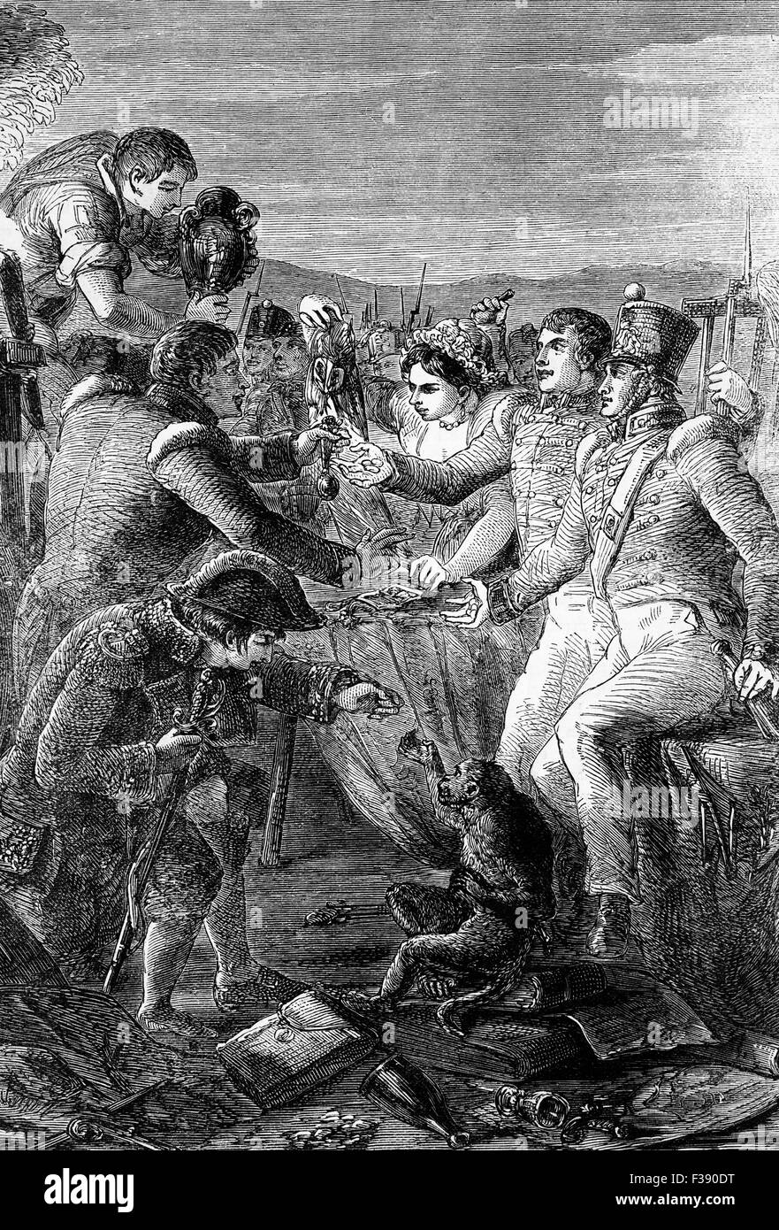 Britischen und spanischen Truppen, die Aufteilung der Beute nach der Schlacht von Vitoria (21. Juni 1813) als eine Alliierten britischen, portugiesischen und spanischen Armee unter General der Marquess of Wellington (Herzog von Wellington) brach die französische Armee zum späteren Sieg in Halbinselkrieg. Stockfoto